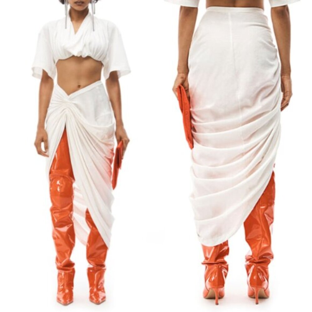 Alexander Wang Asymmetrical Draped Midi Skirt Side Slit Off White Sz‎ L NEW $495